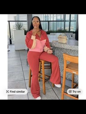 Women's Two-Tone Zip Jacket & Wide-Leg Pants Set - Pink/tan large